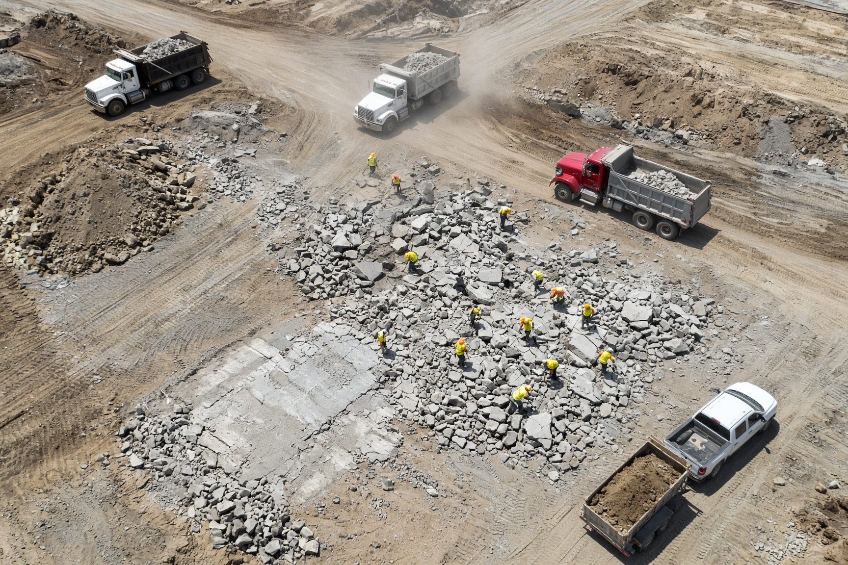 Aerial of the job site: crew working, trucks hauling broken concrete and dirt