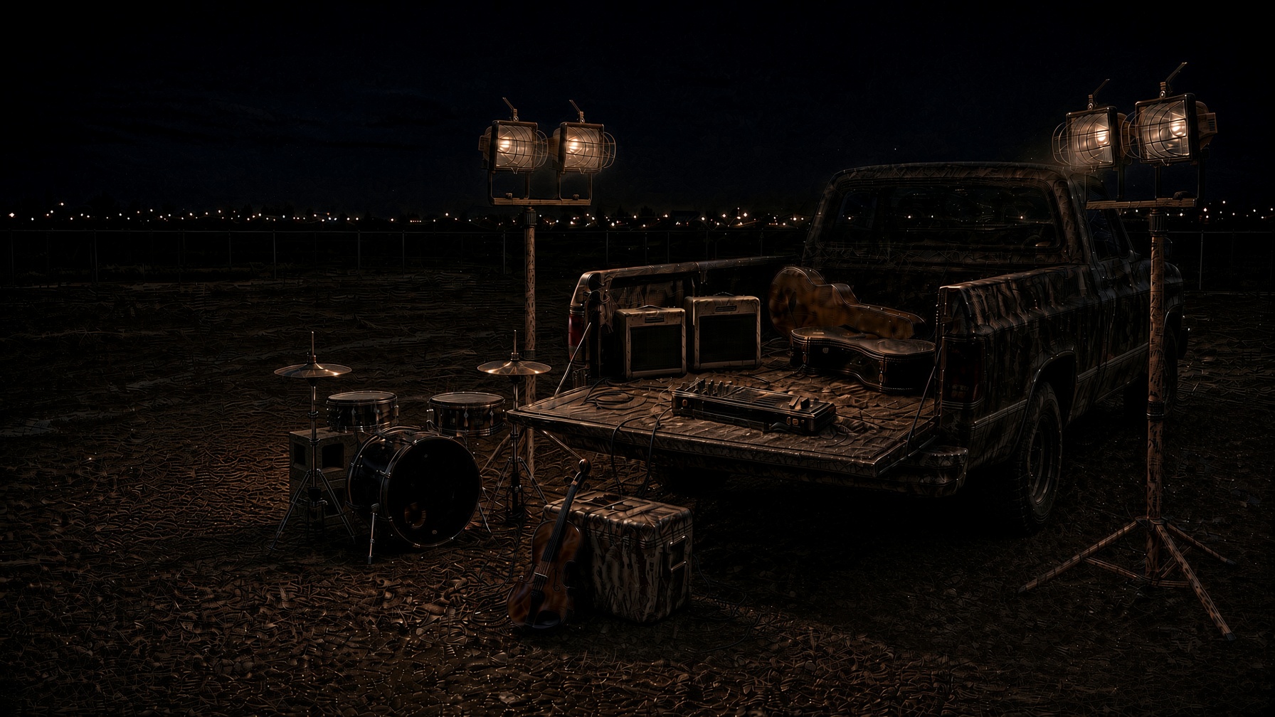 Night job site: beat-up pickup tailgate, guitar cases, full drum kit on cinderblocks, worn work lights