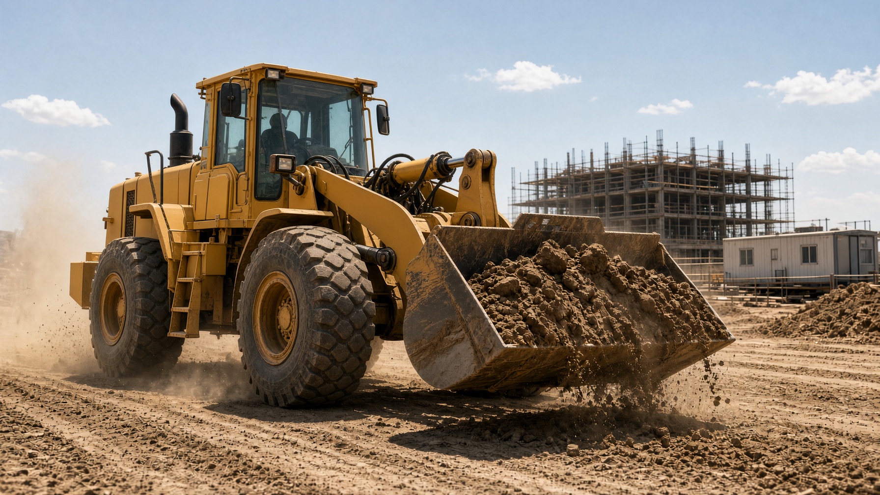 Front loader hauling dirt at high noon