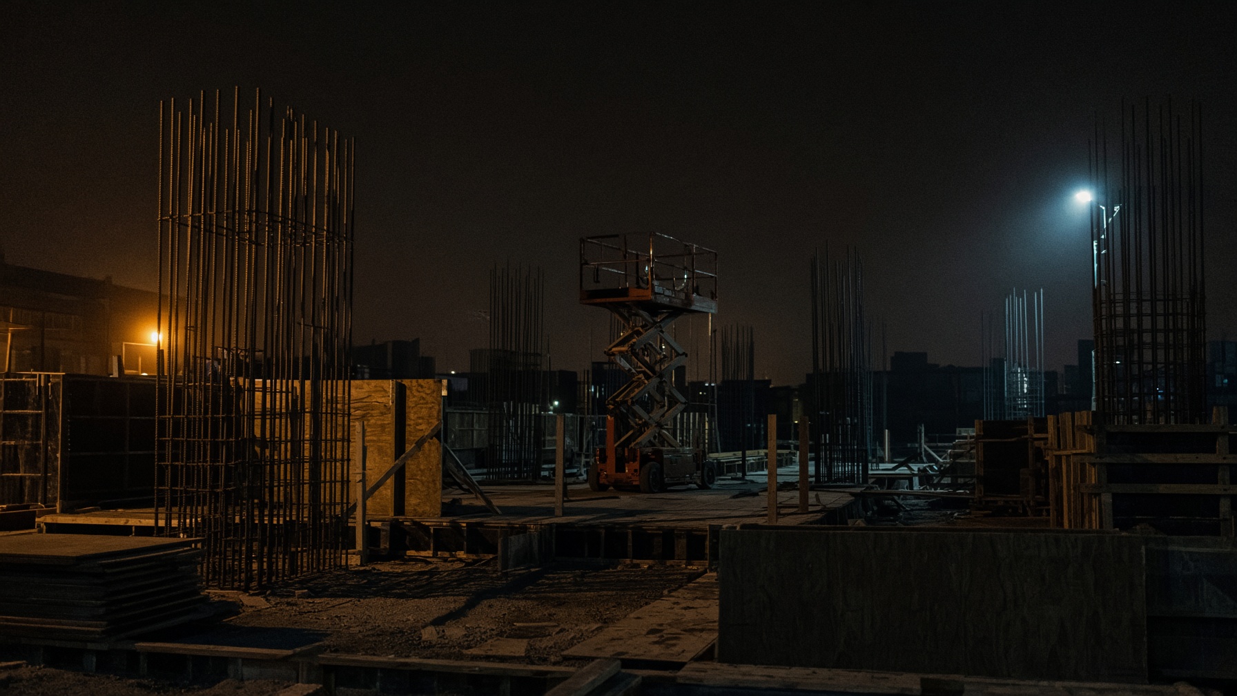 Night construction under work lights